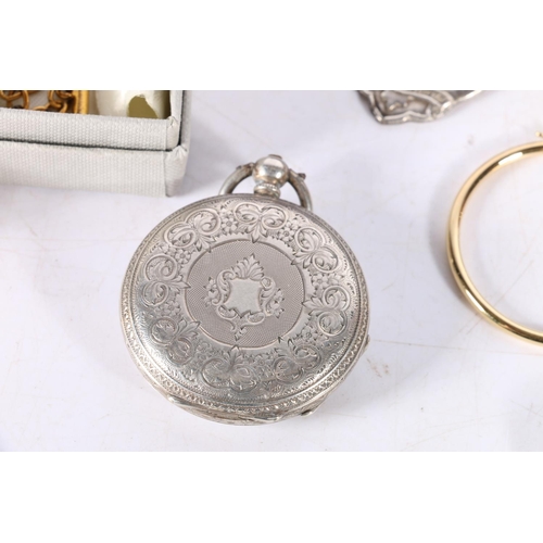 371 - Fine silver pocket watch, EP flatware, a fob, costume jewellery, etc.