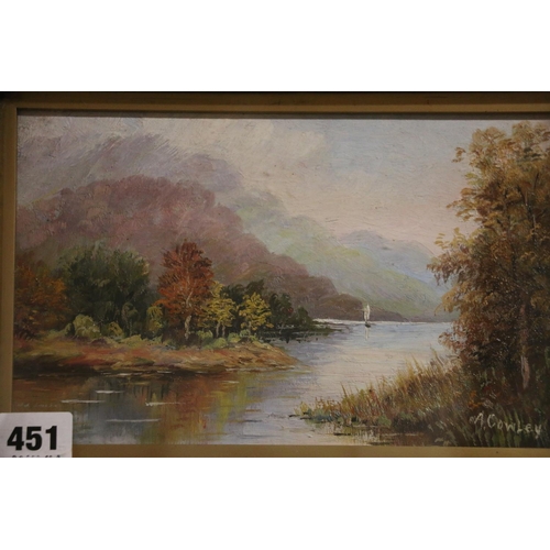 451 - A COWLEY, Highland lochscape, oil painting, 14cm x 23cm, frame size 26cm x 35cm. 