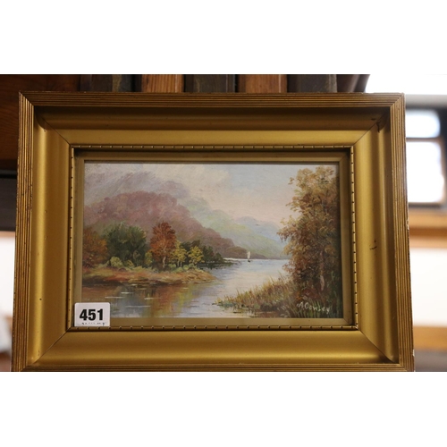 451 - A COWLEY, Highland lochscape, oil painting, 14cm x 23cm, frame size 26cm x 35cm. 