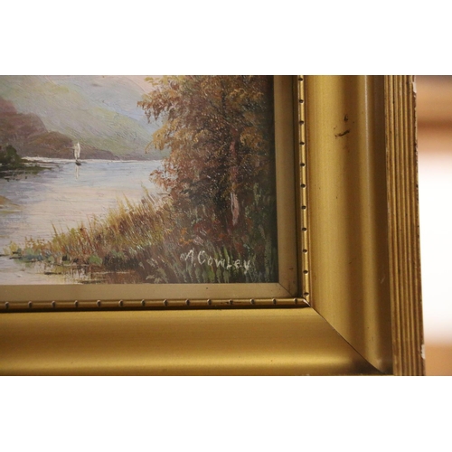 451 - A COWLEY, Highland lochscape, oil painting, 14cm x 23cm, frame size 26cm x 35cm. 