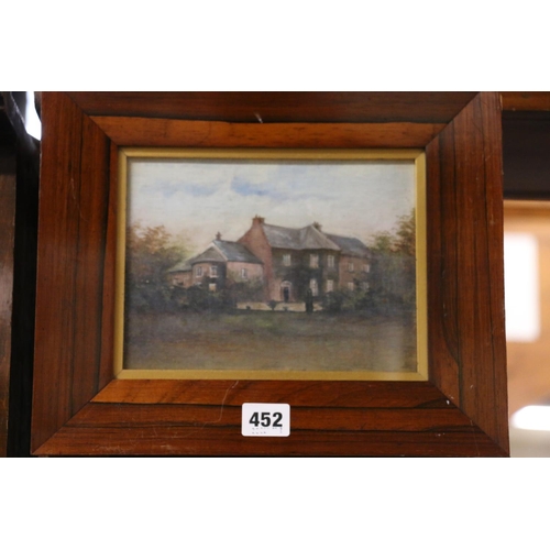 452 - 19TH CENTURY SCHOOL, view of a manor house, oil on canvas, unsigned, 14cm x 19cm, rosewood frame 26c... 