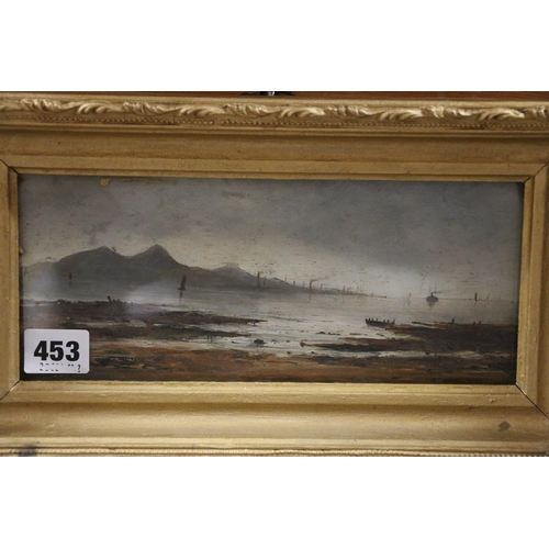 453 - 19TH CENTURY SCHOOL, Scottish West coast loch scene, oil on board, 10cm x 23cm, gilt frame 18cm x 32... 