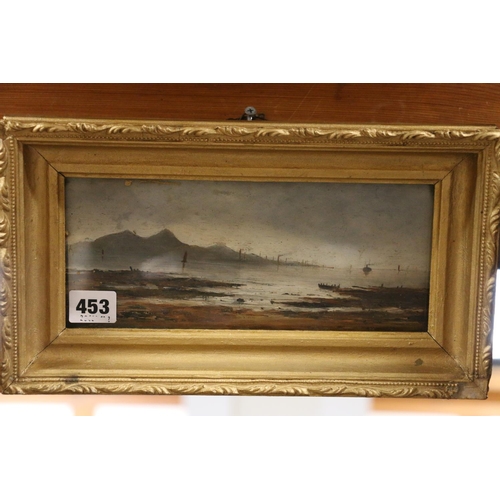 453 - 19TH CENTURY SCHOOL, Scottish West coast loch scene, oil on board, 10cm x 23cm, gilt frame 18cm x 32... 