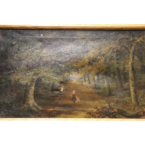 455 - EARLY 20TH CENTURY SCHOOL, figures on a woodland path, oil on canvas, 24cm x 39cm. 