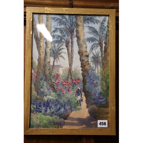 456 - A LEE, figure in a tropical garden, watercolour, signed lower left, 36cm x 25cm. 