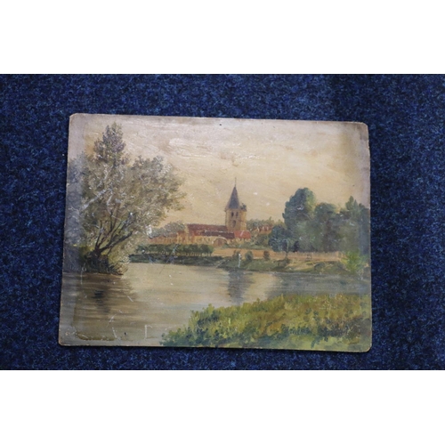 463 - 20TH CENTURY SCHOOL, view of a church from the edge of a lake, oil on panel, unsigned, 26cm x 35cm.&... 