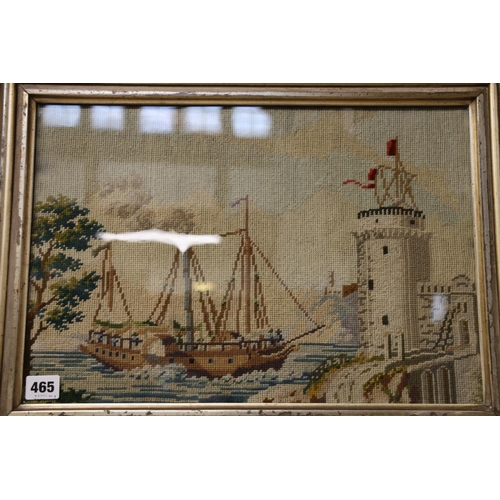 465 - Wool tapestry depicting a triple mast ship before a castle, 30cm x 43cm, frame size 40cm x 54cm.