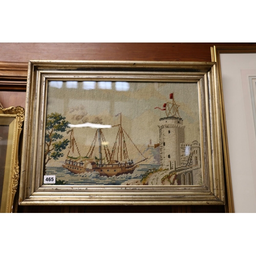 465 - Wool tapestry depicting a triple mast ship before a castle, 30cm x 43cm, frame size 40cm x 54cm.