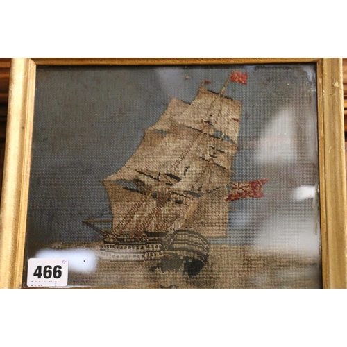 466 - Pair of Victorian wool tapestries, one of a ship, the other of birds, frame size 22cm x 27cm. (2)