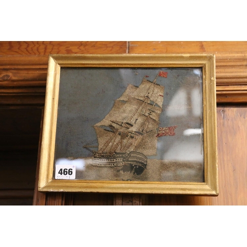 466 - Pair of Victorian wool tapestries, one of a ship, the other of birds, frame size 22cm x 27cm. (2)