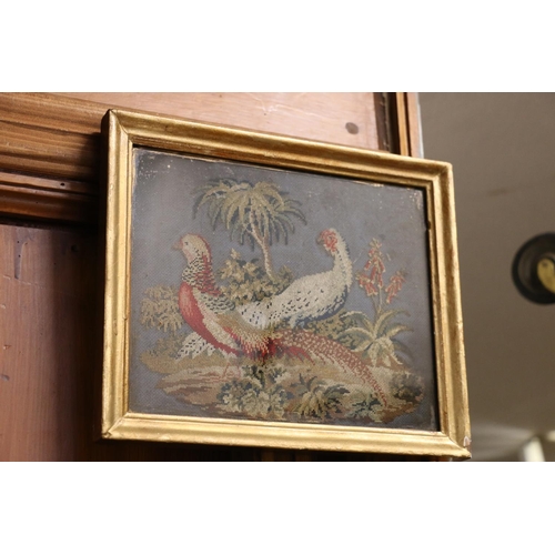 466 - Pair of Victorian wool tapestries, one of a ship, the other of birds, frame size 22cm x 27cm. (2)