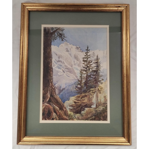 183 - J B Gresley (British).'In the Woods Above Murren, Ebnefluh'.Watercolour.24cm x 16.5cm.Also two other... 