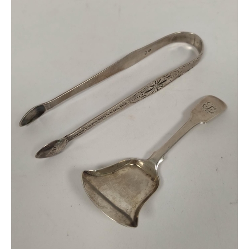 89 - Silver fiddle pattern caddy spoon by Thomas Watson Newcastle 1823 and an engraved tongs by Richard F... 