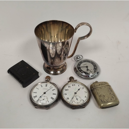 96 - Nimra silver pocket watch, another, 1919, an Ingersoll watch, two vesta cases and an e.p. mug. (6).