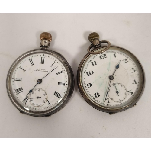 96 - Nimra silver pocket watch, another, 1919, an Ingersoll watch, two vesta cases and an e.p. mug. (6).