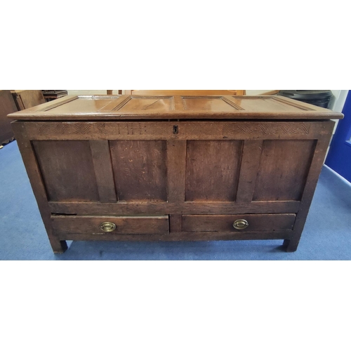 463 - 18th century oak mule chest, four panel top above four panel front and two drawers on stile supports... 