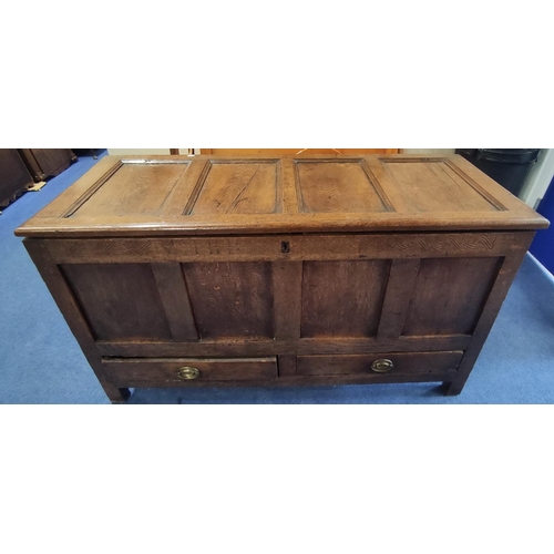 463 - 18th century oak mule chest, four panel top above four panel front and two drawers on stile supports... 