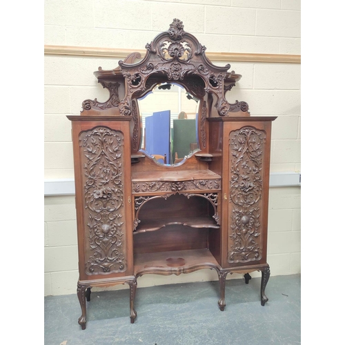 467 - Ornate late Victorian mahogany side cabinet, c.1900, with canopy top above mirror, central drawer an... 