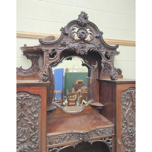 467 - Ornate late Victorian mahogany side cabinet, c.1900, with canopy top above mirror, central drawer an... 