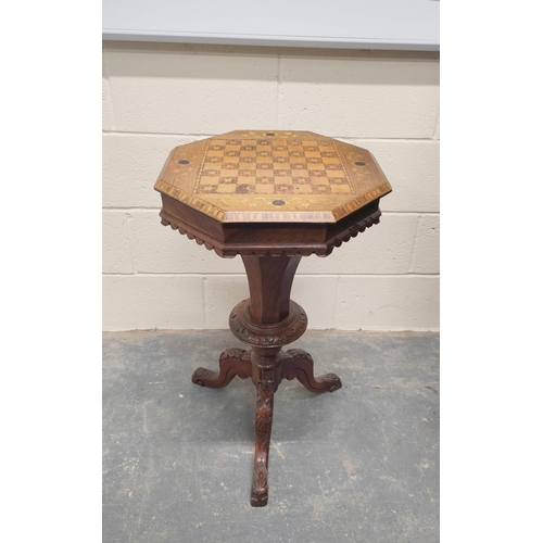 484 - Victorian inlaid walnut sewing table, the octagonal marquetry inlaid games top, enclosing side lined... 