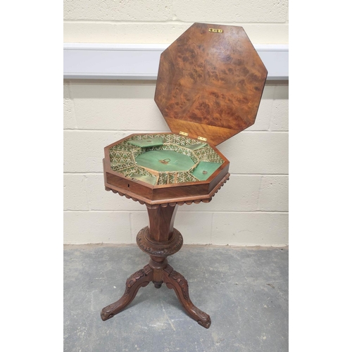 484 - Victorian inlaid walnut sewing table, the octagonal marquetry inlaid games top, enclosing side lined... 