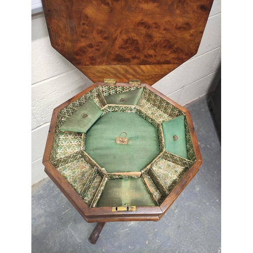 484 - Victorian inlaid walnut sewing table, the octagonal marquetry inlaid games top, enclosing side lined... 