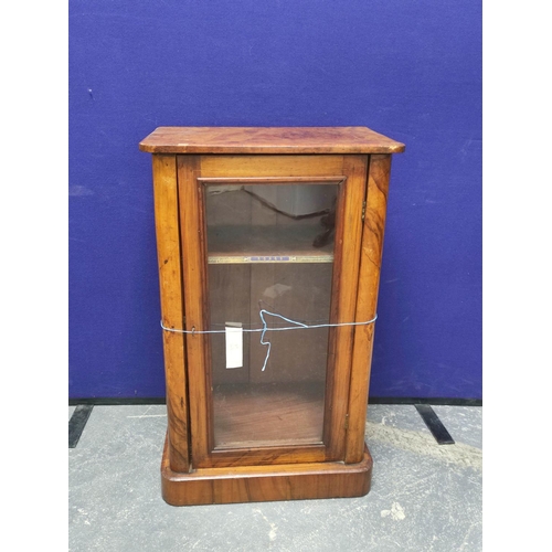 486 - Late Victorian inlaid walnut inlaid walnut music cabinet, the glazed door enclosing shelved interior... 