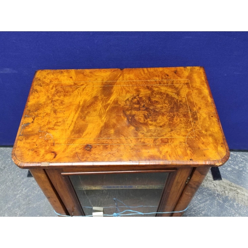 486 - Late Victorian inlaid walnut inlaid walnut music cabinet, the glazed door enclosing shelved interior... 