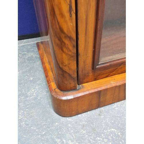 486 - Late Victorian inlaid walnut inlaid walnut music cabinet, the glazed door enclosing shelved interior... 