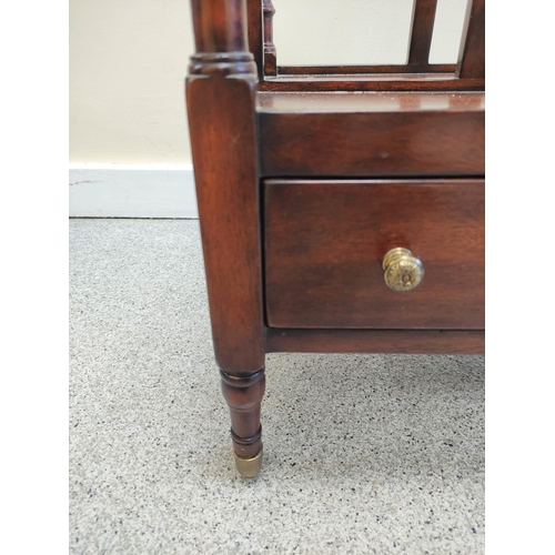 488 - Regency style Canterbury, with open divisions on rail back supports, above single drawer, on turned ... 