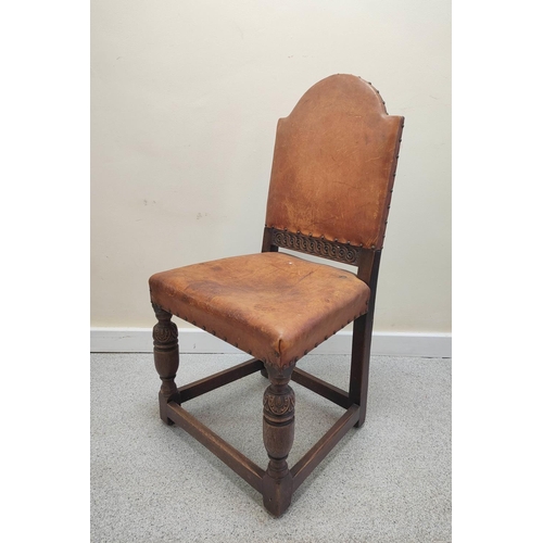 490 - Set of six Jacobean revival oak dining chairs, upholstered in later studded hide, on baluster suppor... 