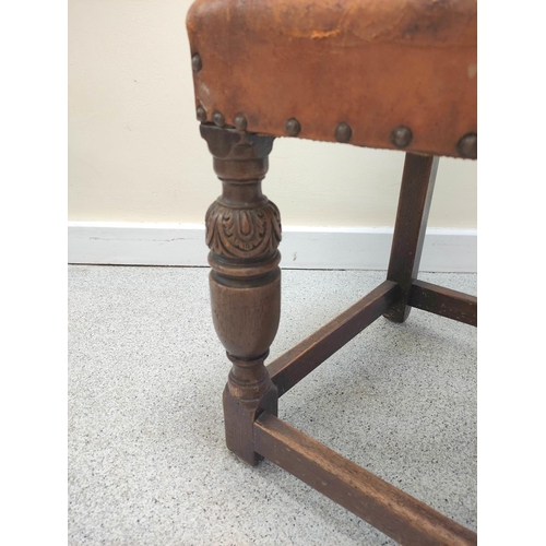 490 - Set of six Jacobean revival oak dining chairs, upholstered in later studded hide, on baluster suppor... 