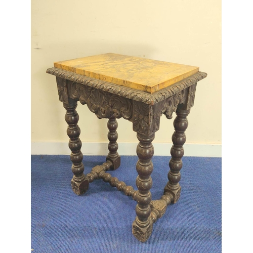 494 - 19th century carved oak side table with drop in yellow marble top, carved shell, scroll and flower h... 