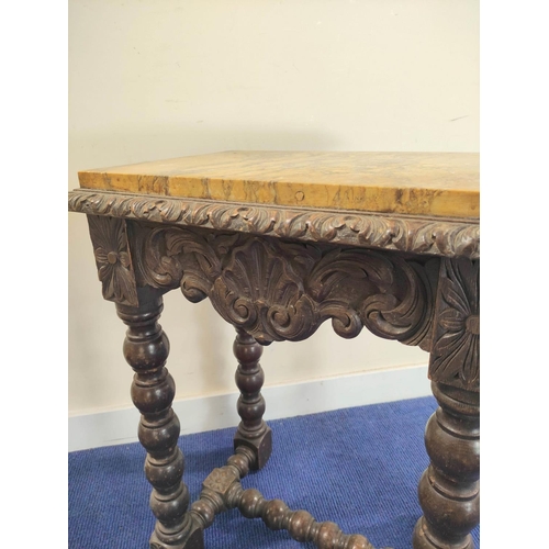 494 - 19th century carved oak side table with drop in yellow marble top, carved shell, scroll and flower h... 