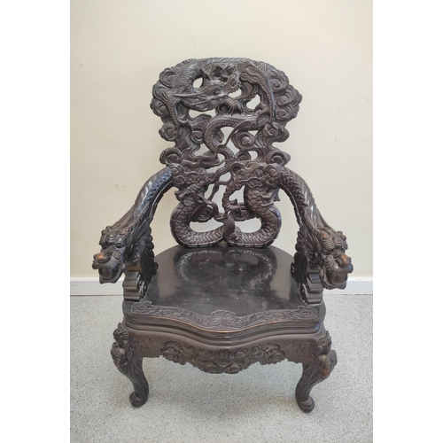 495 - Late 19th/early 20th century Chinese carved hardwood 'Dragon' elbow chair, on carved cabriole legs, ... 