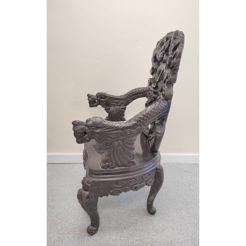 495 - Late 19th/early 20th century Chinese carved hardwood 'Dragon' elbow chair, on carved cabriole legs, ... 