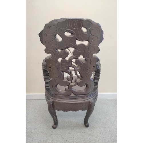 495 - Late 19th/early 20th century Chinese carved hardwood 'Dragon' elbow chair, on carved cabriole legs, ... 