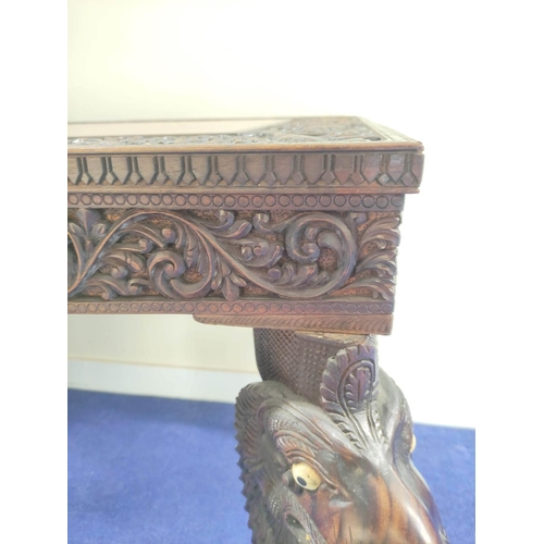 496 - 19th century Burmese carved hardwood hall table, the rectangular top with border and frieze of birds... 