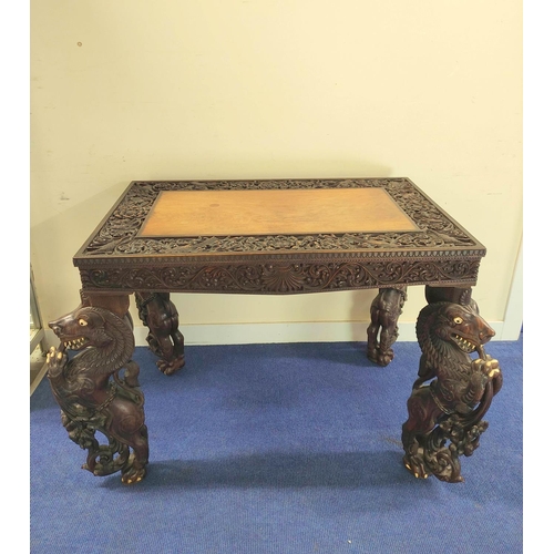 496 - 19th century Burmese carved hardwood hall table, the rectangular top with border and frieze of birds... 