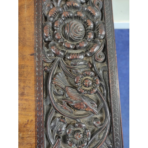 496 - 19th century Burmese carved hardwood hall table, the rectangular top with border and frieze of birds... 