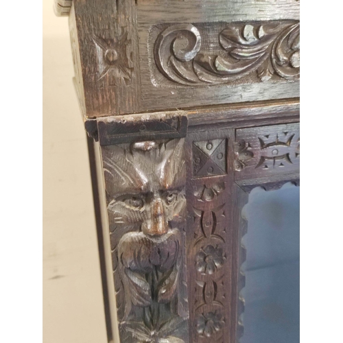 497 - Victorian stained oak glazed bookcase with twin doors, carved with mask heads , fruit, flora and fol... 