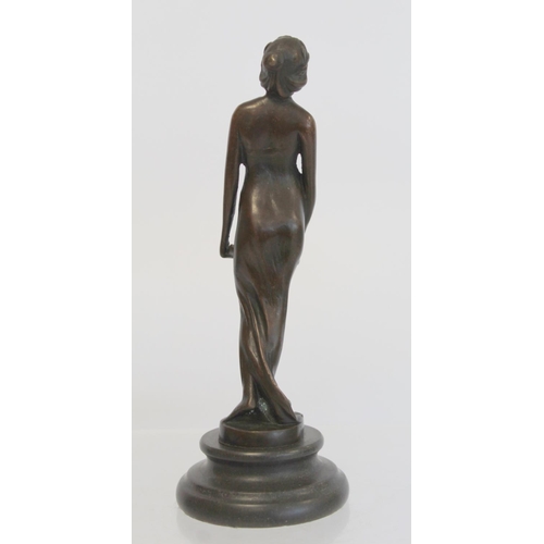 236 - Cast bronze figure of maiden in diaphanous dress holding a letter, on black slate, socle plinth base... 