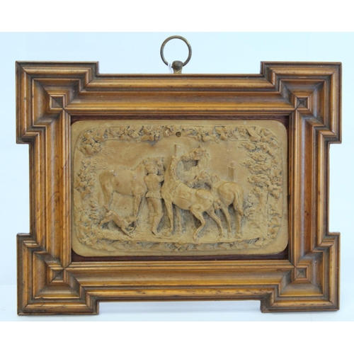 238 - 19th century Italian Grand Tour carved lava panel of four horses with groom and dog surrounded by a ... 