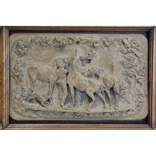 238 - 19th century Italian Grand Tour carved lava panel of four horses with groom and dog surrounded by a ... 