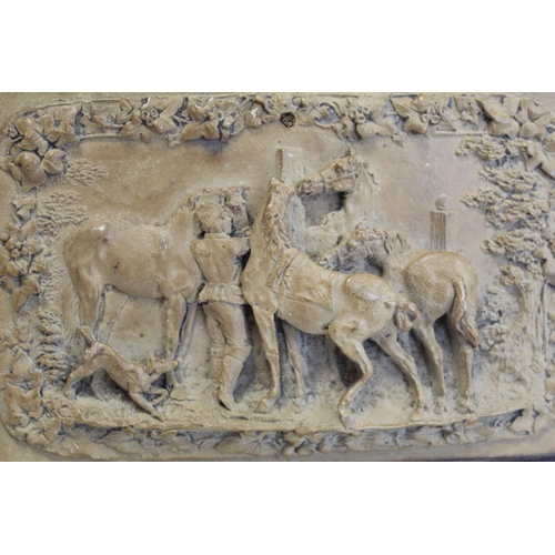 238 - 19th century Italian Grand Tour carved lava panel of four horses with groom and dog surrounded by a ... 