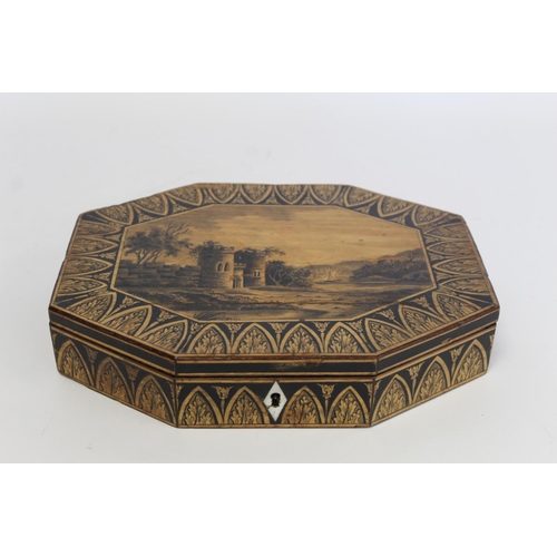 239 - Early 19th century penwork box of octagonal form, the central panel depicting a ruined castle by a l... 