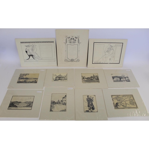 240 - Collection of eight monochrome pen and ink drawings on modern pith type paper, depicting Talkin Tarn... 