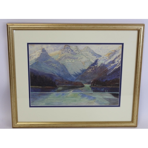 253 - 20th Century Canadian School.Maligne Lake, Jasper Park, Canada.Watercolour over pencil.53cm x 32.5cm... 