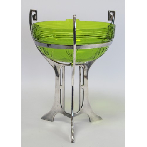 230 - WMF Jungendstil Art Nouveau table centre piece, the green glass bowl with cut decoration on plated p... 