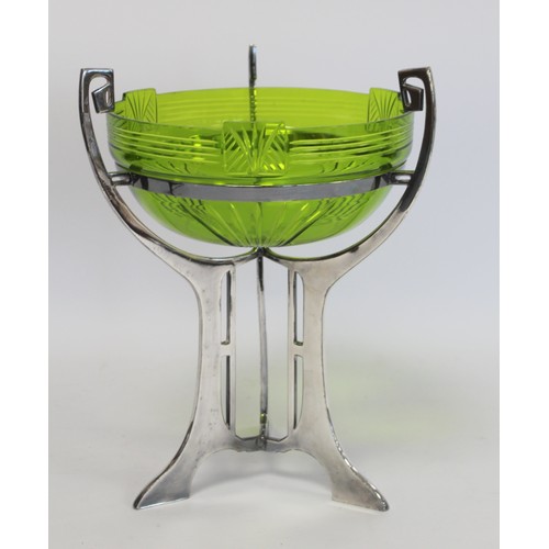 230 - WMF Jungendstil Art Nouveau table centre piece, the green glass bowl with cut decoration on plated p... 